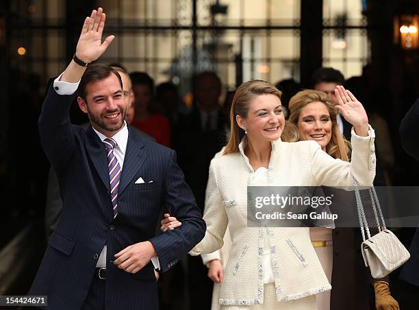 Crown Prince Guillaume of Luxembourg and Countess Stephanie de Lannoy depart the Grand-Ducal Palace prior to the civil ceremony for the wedding of...