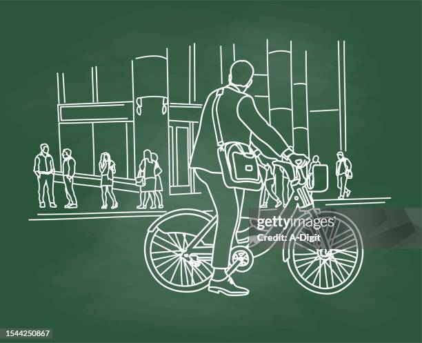 cycling to work businessman chalkboard - commuters crowd stock illustrations