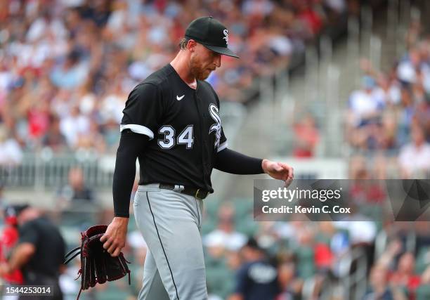 Michael Kopech of the Chicago White Sox reacts after being pulled in the first inning against the Atlanta Braves at Truist Park on July 14, 2023 in...