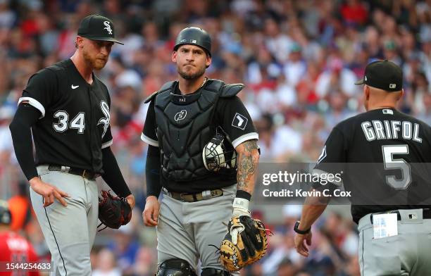 Michael Kopech of the Chicago White Sox looks on just before being pulled by manager Pedro Grifol in the first inning against the Atlanta Braves at...