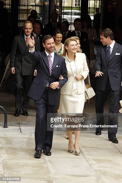 Crown Prince Guillaume of Luxembourg and Countess Stephanie de Lannoy depart the Grand-Ducal Palace prior to their civil ceremony at the Hotel De...