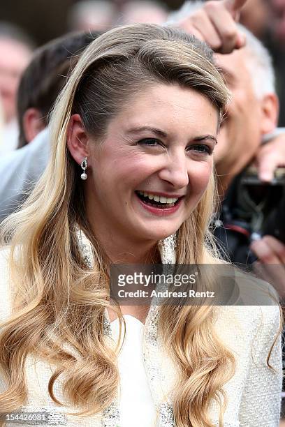 Newlywed Princess Stephanie of Luxembourg walks amongst the crowds following the civil ceremony for the wedding of Prince Guillaume of Luxembourg and...