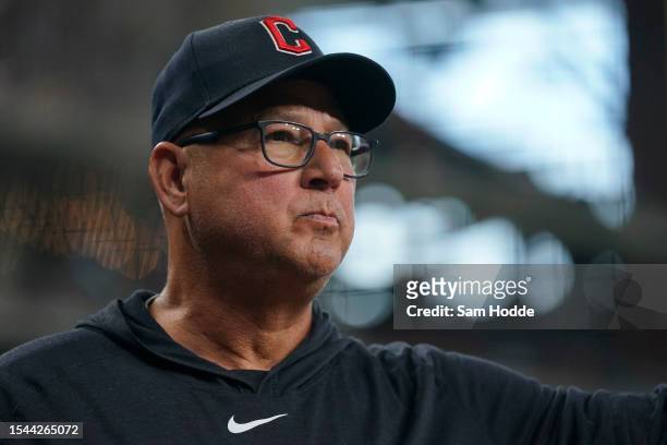 Manager Terry Francona of the Cleveland Guardians looks on before the game against the Texas Rangers at Globe Life Field on July 14, 2023 in...