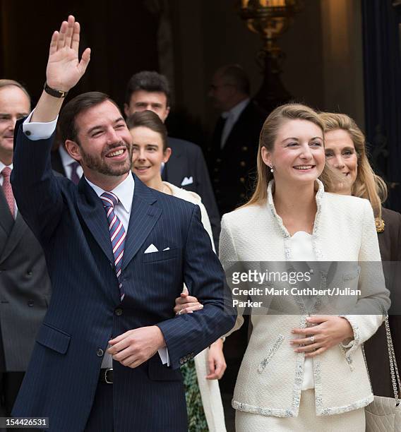 Prince Guillaume Of Luxembourg and Stephanie de Lannoy leave the Royal Palace for their civil ceremony at the Hotel De Ville on October 19, 2012 in...