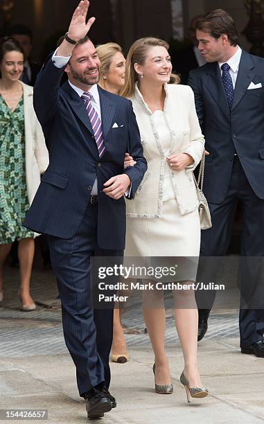 Prince Guillaume Of Luxembourg and Countess Stephanie de Lannoy leave the Royal Palace for their civil ceremony at the Hotel De Ville on October 19,...