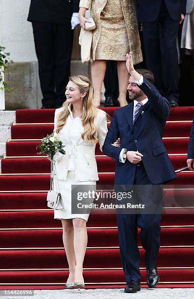Princess Stephanie of Luxembourg and Crown Prince Guillaume of Luxembourg are seen leaving the civil ceremony for the wedding of Prince Guillaume Of...