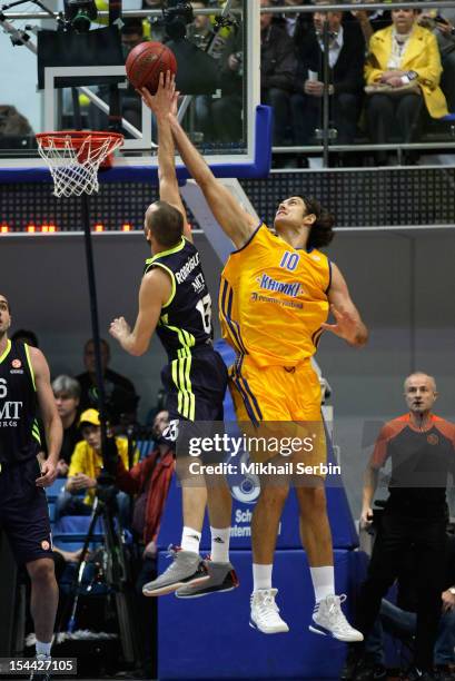 Sergio Rodriguez, #13 of Real Madrid competes with Kresimir Loncar, #10 of BC Khimki Moscow Region in action during the 2012-2013 Turkish Airlines...