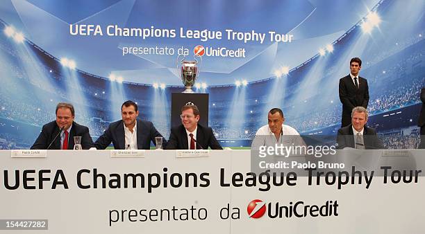 Paolo Condo' of Gazzetta dello Sport, Christian Vieri, Frederik Geetrman of Unicredit, Cafu' and Guy-Laurent Epstein of Uefa attend a press...