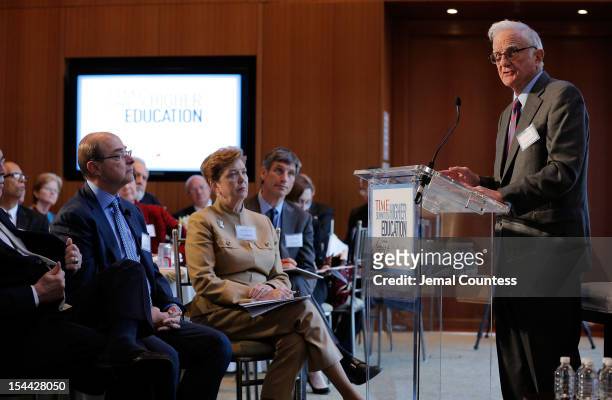 President Emeritus of Harvard University Derek Bok delivers the keynote address during TIME Summit On Higher Education on October 18, 2012 in New...