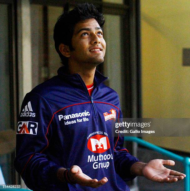 Unmukt Chand of the Delhi Daredevils feels the rain during the CLT20 match between Auckland Aces and Delhi Daredevils from Sahara Stadium Kingsmead...