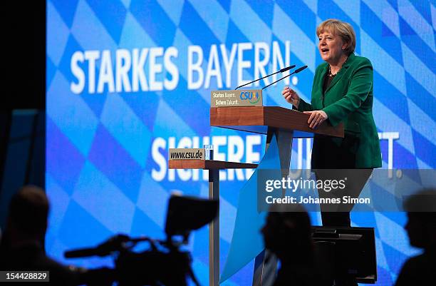 German Chancellor Angela Merkel, who is also chairwoman of the Christian Democratic Union , delivers a speech at the Christian Social Union of...