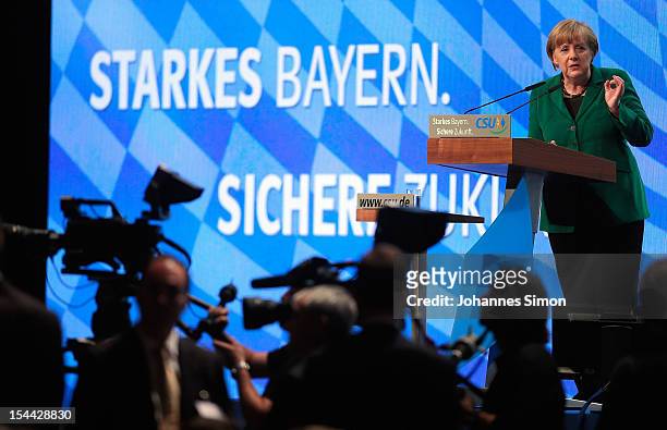 German Chancellor Angela Merkel, who is also chairwoman of the Christian Democratic Union , delivers a speech at the Christian Social Union of...
