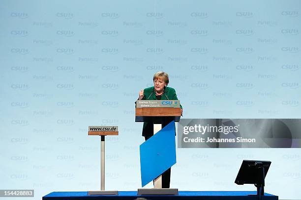 German Chancellor Angela Merkel, who is also chairwoman of the Christian Democratic Union , delivers a speech at the Christian Social Union of...