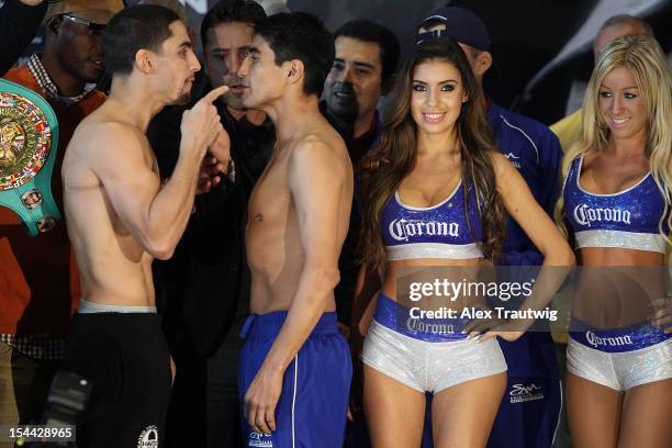 Boxers Danny Garcia and Erik Morales pose during their weigh in at the Barclays Center on October 19, 2012 in the Brooklyn Borough of New York City.