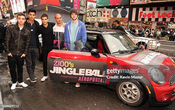 The Wanted arrive at Z100's Jingle Ball 2012, presented by Aeropostale, Official Kick Off Party at Aeropostale Times Square on October 19, 2012 in...