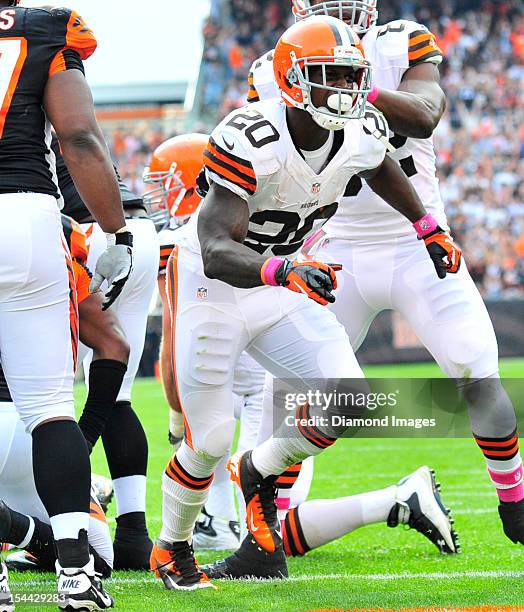 Running back Montario Hardesty of the Cleveland Browns celebrates after scoring a touchdown during a game with the Cincinnati Bengals at Cleveland...
