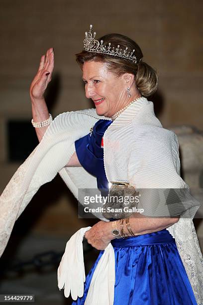 Queen Sonja of Norway attends the Gala dinner for the wedding of Prince Guillaume Of Luxembourg and Stephanie de Lannoy at the Grand-ducal Palace on...