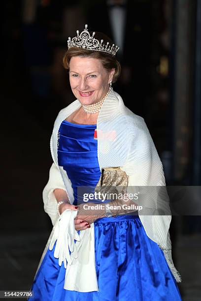 Queen Sonja of Norway attends the Gala dinner for the wedding of Prince Guillaume Of Luxembourg and Stephanie de Lannoy at the Grand-ducal Palace on...