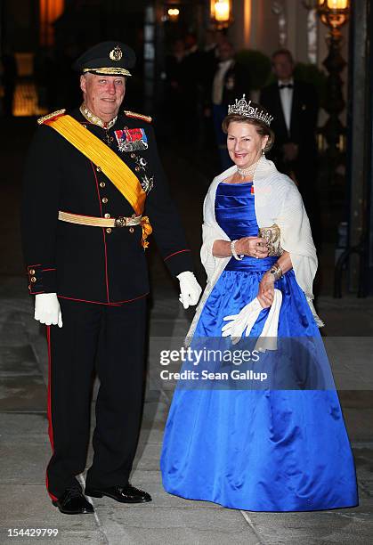 King Harald V of Norway and Queen Sonja of Norway attend the Gala dinner for the wedding of Prince Guillaume Of Luxembourg and Stephanie de Lannoy at...