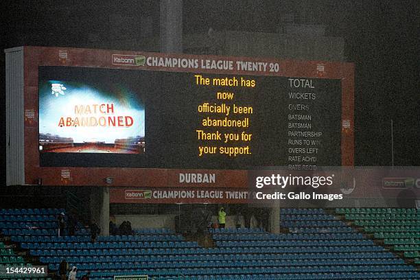 The match is abandoned during the CLT20 match between Auckland Aces and Delhi Daredevils from Sahara Stadium Kingsmead on October 19, 2012 in Durban,...