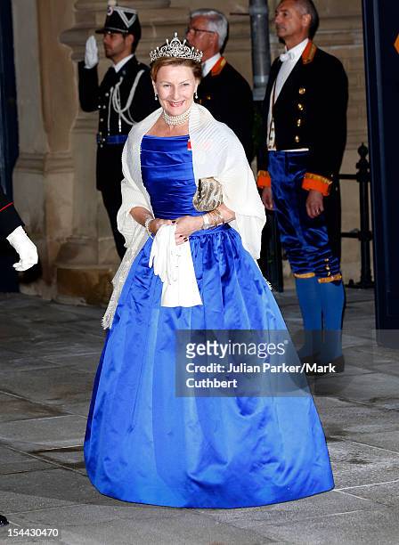 Queen Sonja of Norway attends the Gala dinner for the wedding of Prince Guillaume Of Luxembourg and Stephanie de Lannoy at the Grand-ducal Palace on...