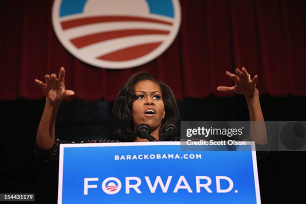 First lady Michelle Obama speaks to supporters during a campaign rally at Memorial Hall on October 19, 2012 in Racine, Wisconsin. The first lady has...