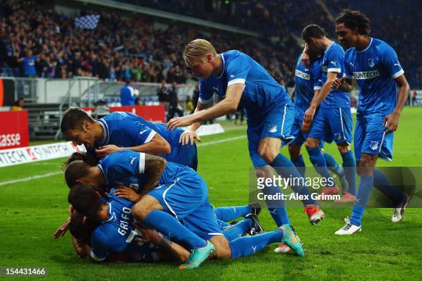 Joselu of Hoffenheim celebrates his team's third goal with team mates during the Bundesliga match between 1899 Hoffenheim and SpVgg Greuther Fuerth...