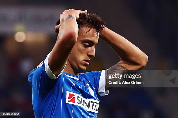 Joselu of Hoffenheim reacts during the Bundesliga match between 1899 Hoffenheim and SpVgg Greuther Fuerth at Rhein-Neckar-Arena on October 19, 2012...