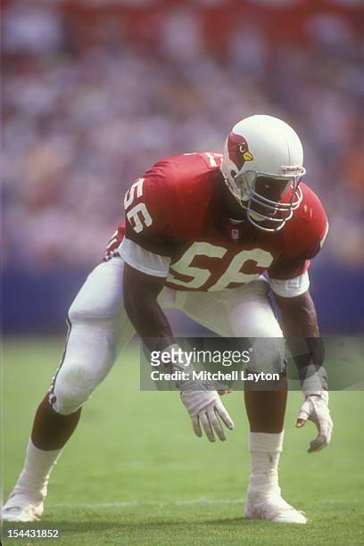 Ken Harvey of the Phoenix Cardinals in position during a football game against the Washington Redskins on September 15, 1991 at RFK Stadium in...