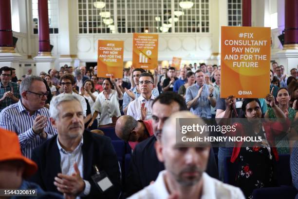 National Health Service consultants attend the "Fix Consultant Pay Rally" at the British Medical Association House in London on July 20, 2023 as...