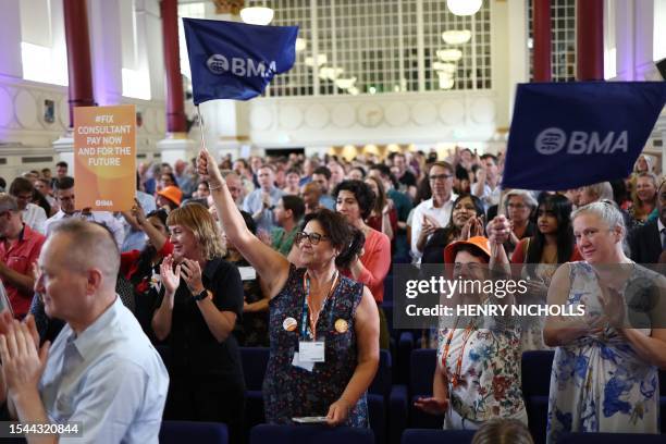 National Health Service consultants attend the "Fix Consultant Pay Rally" at the British Medical Association House in London on July 20, 2023 as...