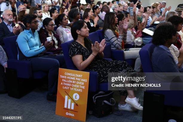 National Health Service consultants attend the "Fix Consultant Pay Rally" at the British Medical Association House in London on July 20, 2023 as...