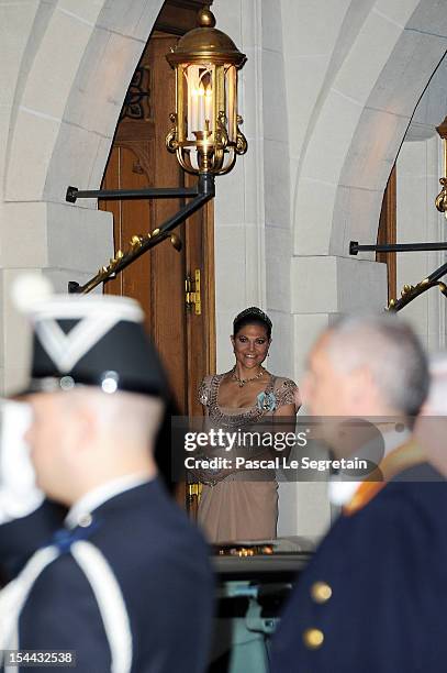 Crown Princess Victoria of Sweden attends the Gala dinner for the wedding of Prince Guillaume Of Luxembourg and Stephanie de Lannoy at the...
