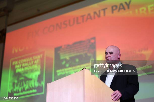 Britain's Rail, Maritime and Transport union general secretary Mick Lynch addresses the "Fix Consultant Pay Rally" at the British Medical Association...