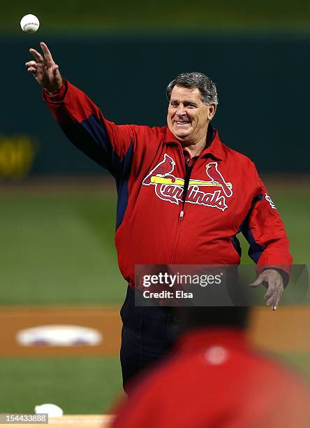 Former St. Louis Cardinals player Mike Shannon and radio broadcaster throws out the ceremonial first pitch before Game Five of the National League...