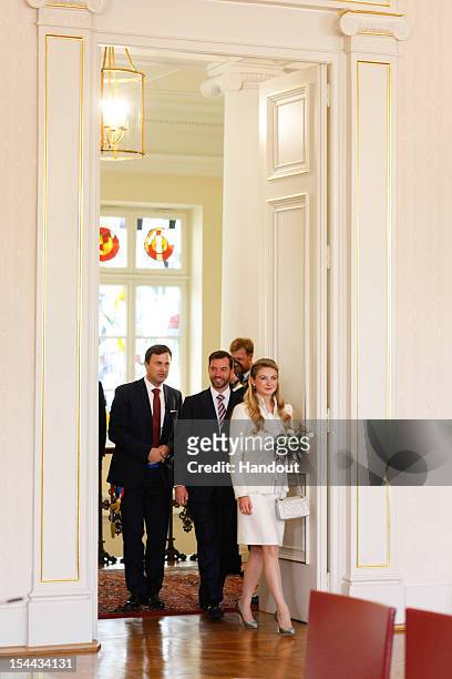 In this handout image provided by the Grand-Ducal Court of Luxembourg, Prince Guillaume of Luxembourg and Countess Stephanie de Lannoy attend their...