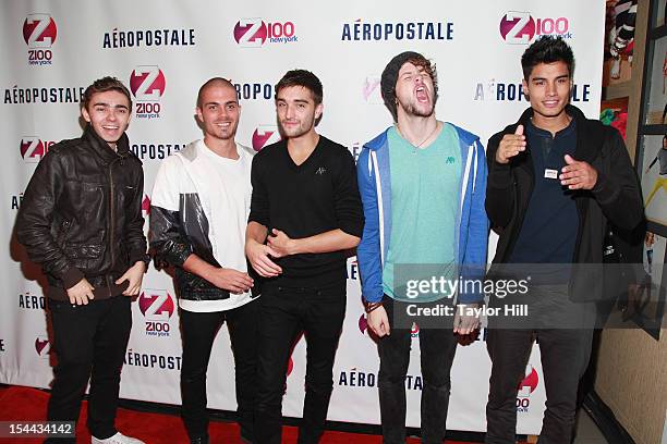 Max George, Tom Parker, Jay McGuiness, Nathan Sykes and Siva Kaneswaran of The Wanted arrive at Z100's Jingle Ball 2012, presented by Aeropostale,...