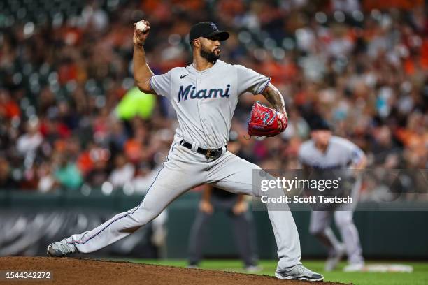 Sandy Alcantara of the Miami Marlins pitches against the Baltimore Orioles during the second inning at Oriole Park at Camden Yards on July 14, 2023...