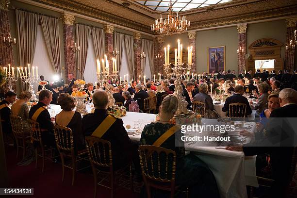 In this handout image provided by the Grand-Ducal Court of Luxembourg, Guests attend a Gala dinner for the wedding of Prince Guillaume of Luxembourg...