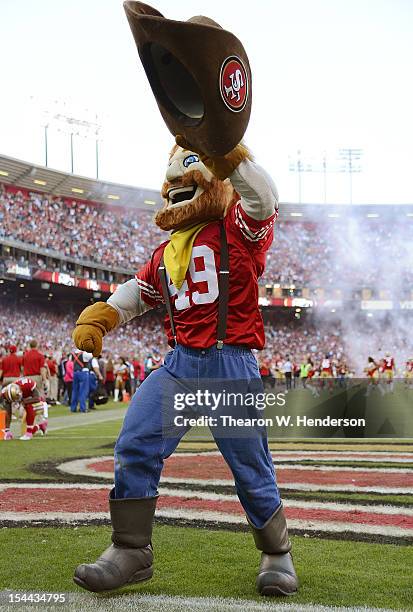 San Francisco 49ers mascot Sourdough Sam performs before the start of an NFL football game between the Seattle Seahawks and San Francisco 49ers at...