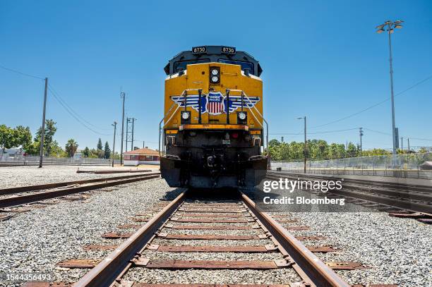 Union Pacific locomotive at a rail yard in Milpitas, California, US, on Wednesday, July 5, 2023. Union Pacific Corp. Is scheduled to release earnings...