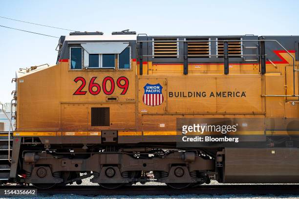 Union Pacific locomotive at a rail yard in Milpitas, California, US, on Wednesday, July 5, 2023. Union Pacific Corp. Is scheduled to release earnings...