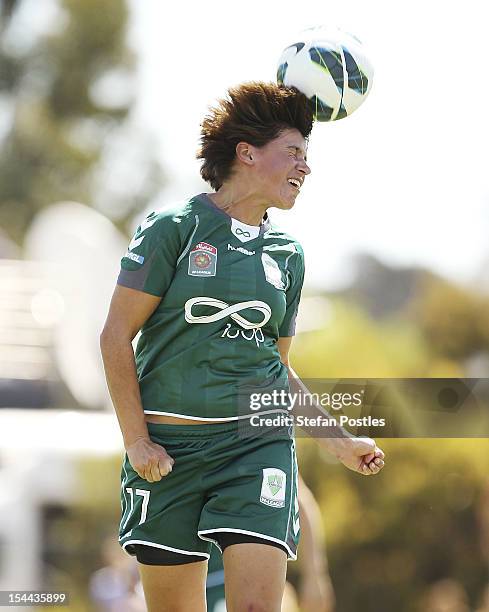 Ariane Hingst of Canberra United heads the ball during the round one W-League match between Canberra United and the Brisbane Roar at McKellar Park on...