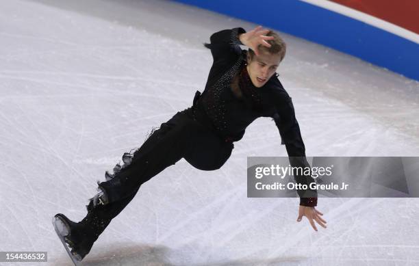 Michal Brezina falls in the men's short program during the Skate America competition at the ShoWare Center on October 19, 2012 in Kent, Washington.