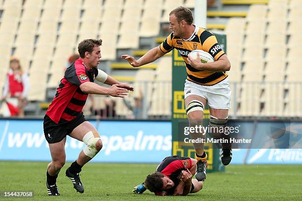 James Broadhurst of Taranaki is tackled during the ITM Cup Premiership Semifinal match between Canterbury and Taranaki at AMI Stadium on October 20,...