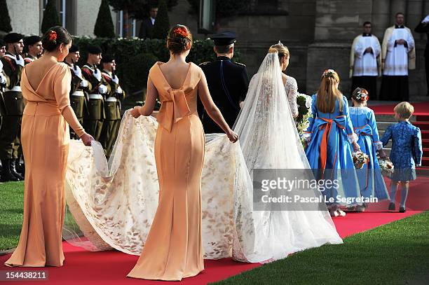 Princess Stephanie of Luxembourg and her brother Count Jehan de Lannoy arrive at the wedding ceremony of Prince Guillaume Of Luxembourg and Princess...