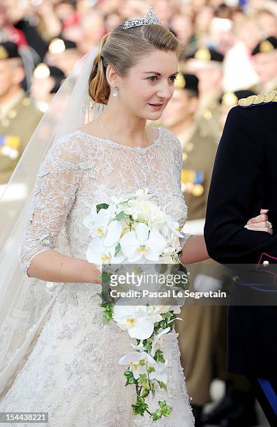 Princess Stephanie of Luxembourg arrives at the wedding ceremony of Prince Guillaume Of Luxembourg and Princess Stephanie of Luxembourg at the...