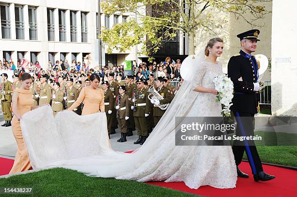 Princess Stephanie of Luxembourg arrives at the wedding ceremony of Prince Guillaume Of Luxembourg and Princess Stephanie of Luxembourg at the...