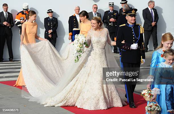 Princess Stephanie of Luxembourg and her brother Count Jehan de Lannoy arrive at the wedding ceremony of Prince Guillaume Of Luxembourg and Princess...