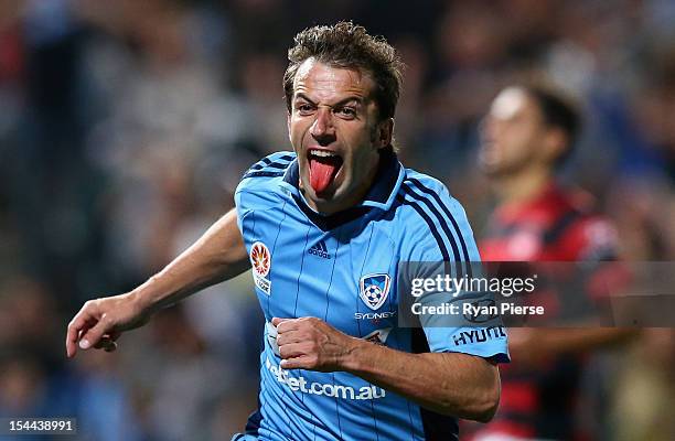 Alessandro Del Piero of Sydney FC celebrates after scoring his team's first goal during the round three A-League match betwen the Western Sydney...